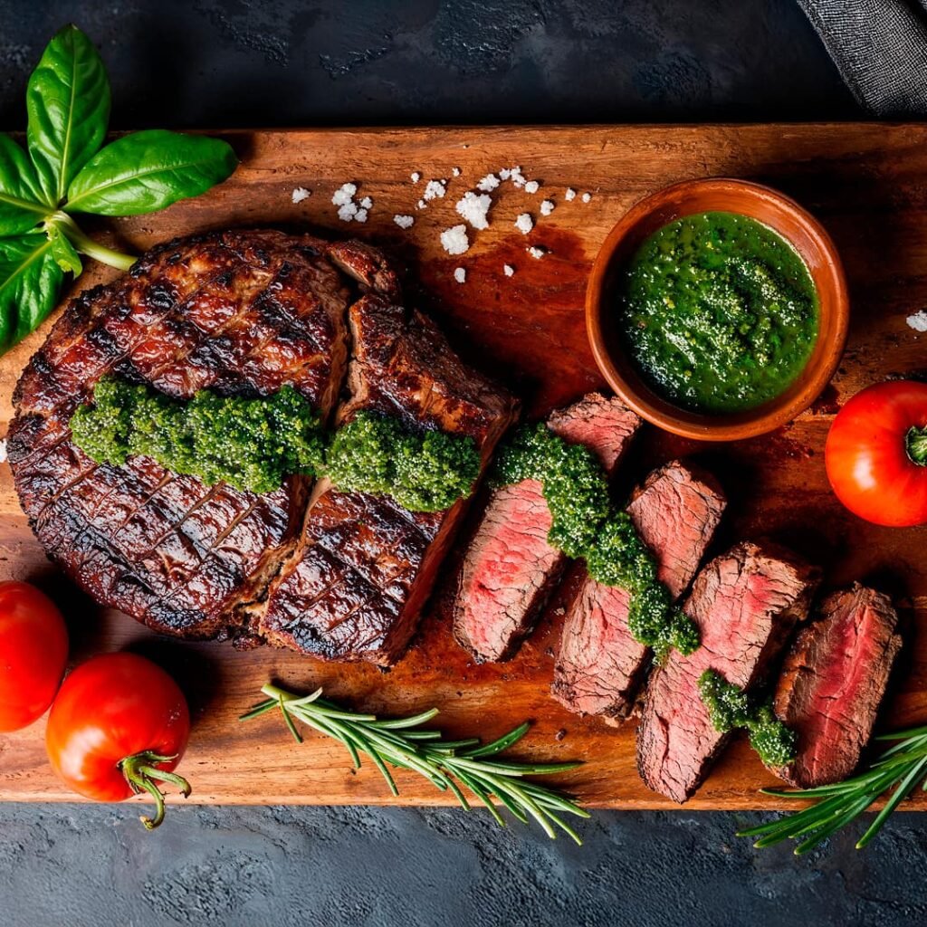 Rare to well done steak doneness levels displayed on sliced steak placed on a table.